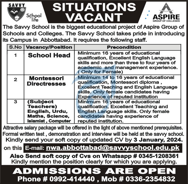 School Head Jobs In Abbottabad 2024, Subject Teachers Jobs In Abbottabad 2024, and Montessori Directresses Jobs In Abbottabad 2024. The Savvy School needs school staff in Abbottabad. These latest The Savvy School jobs were Published in the AAJ news paper.