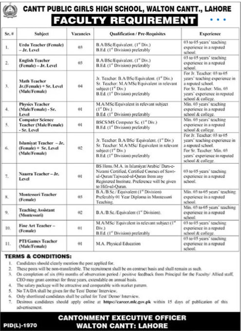 GOV Institute "Cantt Public High School" invites applications for the post of Latest Teaching jobs in Walton Cantt, Lahore, Punjab, Pakistan.
