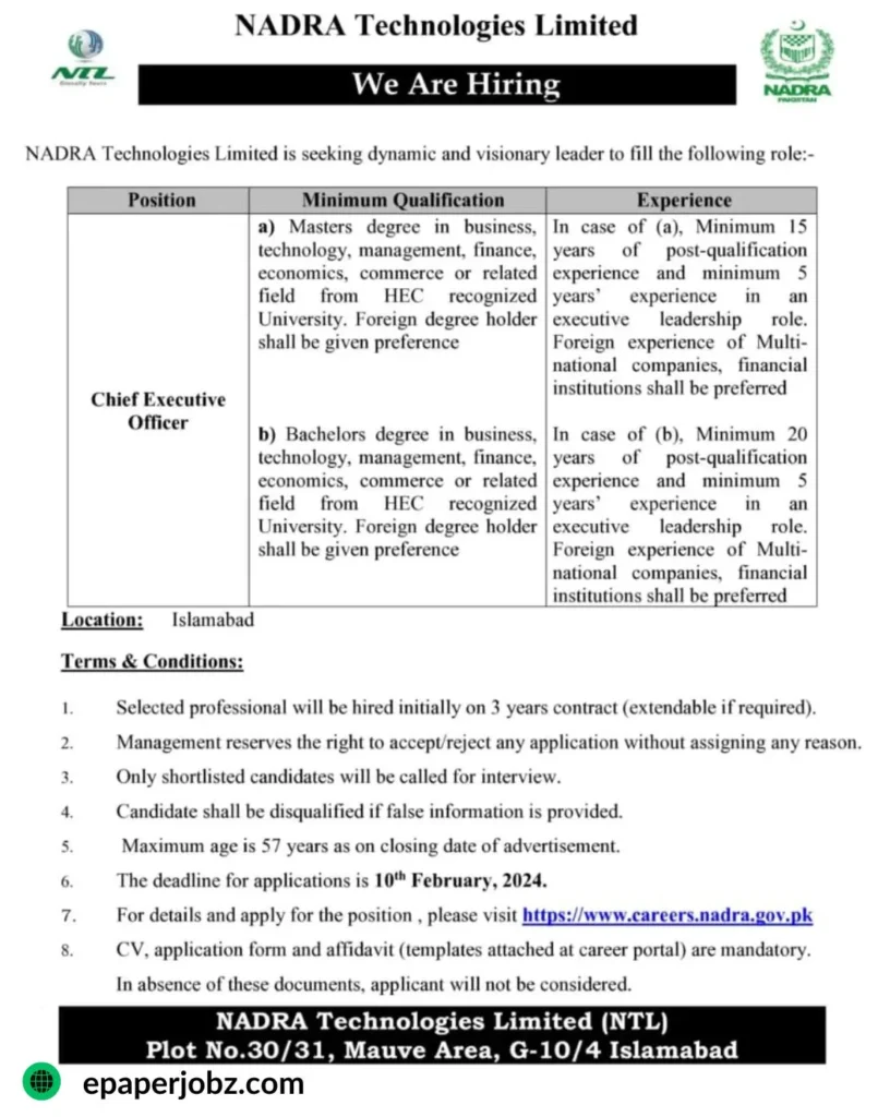 NADRA has announced the Chief Executive Officer Jobs for Master and Bechler degree holders. NAADRA Jobs 2024 online jobs in Islamabad, Punjab.